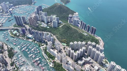 Pok Fu Lam, Aberdeen, Wong Chuk Hang, Ap Lei Chau, Lei Tung, Deep Water Bay, Shouson Hill. Aerial skyview of natural forest landscape of the coastal city in Hong Kong Island photo
