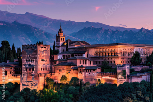 The Alhambra illuminated at dusk with the Sierra Nevada mountains in the background