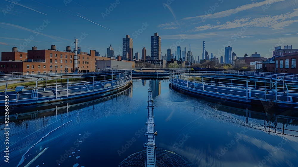 Fototapeta premium A water treatment plant with large circular tanks and long pipes, surrounded by city buildings in the background. 