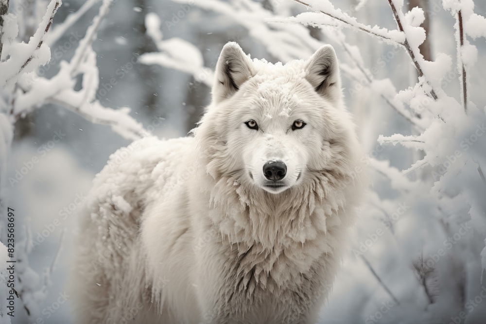 Fototapeta premium Serene white wolf amidst snow-covered branches in a winter forest scene