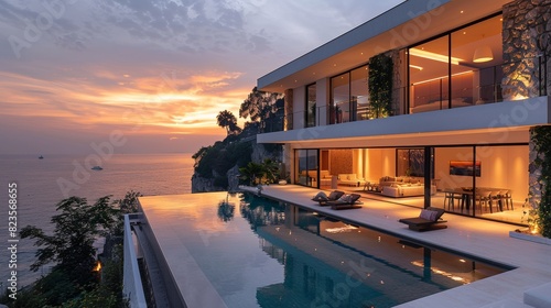 This white luxury villa features a swimming pool and stunning views of the Mediterranean Sea in the evening © DZMITRY