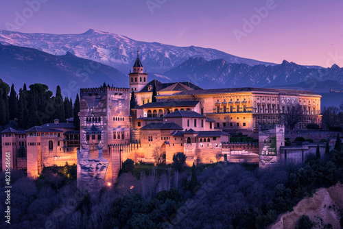 The Alhambra illuminated at dusk with the Sierra Nevada mountains in the background