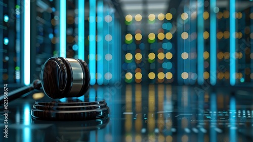 This is a 3D rendering of a judge's gavel resting on a sound block in front of a blue circuit board background.

 photo