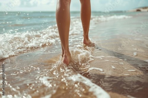 female legs walk along the sandy seashore