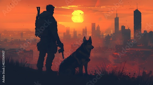 Covert Operative Escorting Keen Eyed German Shepherd Through Dramatic Dystopian Cityscape at Dusk