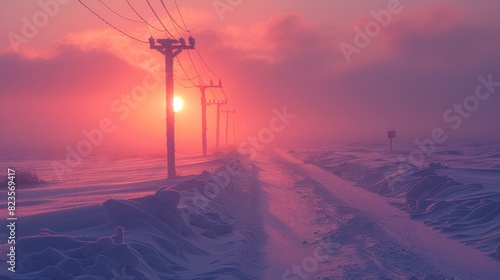 During winter, potholed fields are crossed by electric power in the morning, a vast plain with frozen ground and snow on the ras photo
