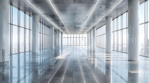 A wide shot of an empty modern office building with large windows and polished concrete floors  white columns along the wall. 