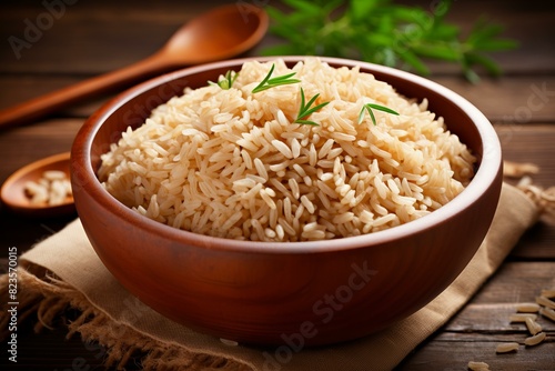 Close-up of cooked whole grain brown rice garnished with fresh herbs in a rustic setting
