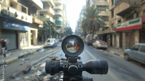 Sniper rifle scope view of a distant urban street scene, with blurred cityscape and scattered debris, highlighting tension and focus.