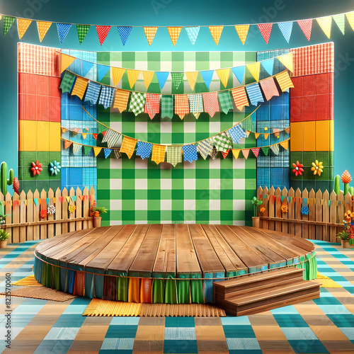 Palco 3d realista com bandeirinha para expor produtos de festa junina