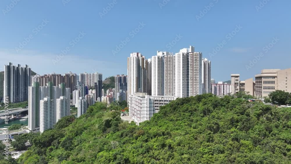 Pok Fu Lam, Aberdeen, Wong Chuk Hang, Ap Lei Chau, Lei Tung, Deep Water Bay, Shouson Hill. Aerial skyview of natural forest landscape of the coastal city in Hong Kong Island Pok Fu Lam, Aberdeen, Wong Chuk Hang, Ap Lei Chau, Lei Tung, Deep Water Bay, Shouson Hill. Aerial skyview of natural forest landscape of the coastal city in Hong Kong Island
