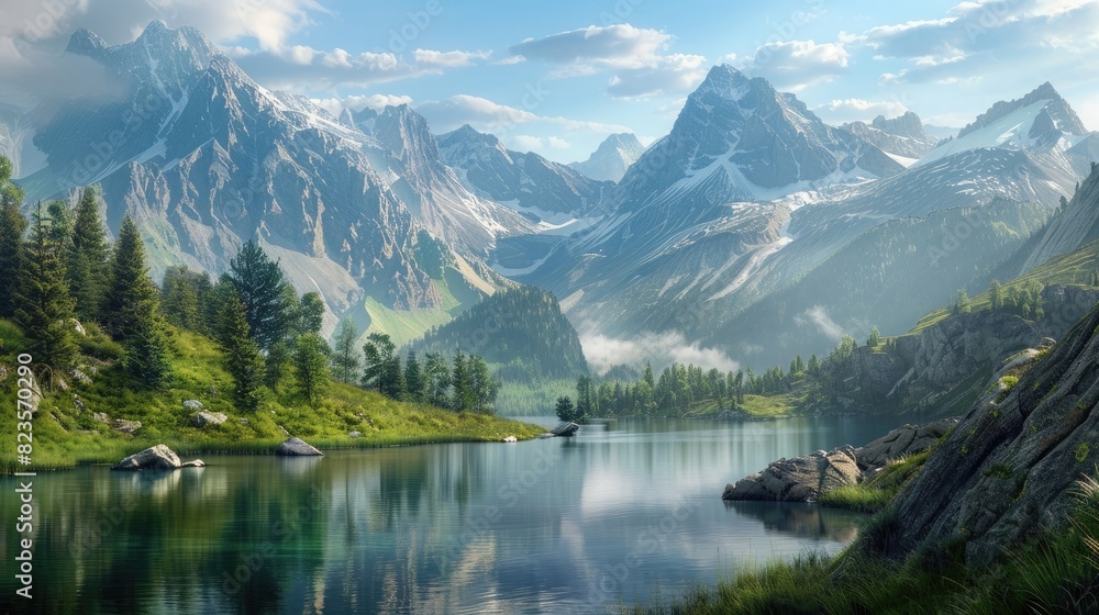 A peaceful mountain lake with towering peaks.