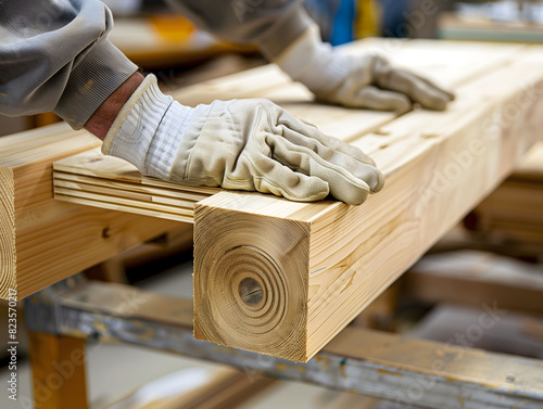 carpenter is assembling wooden furniture components, focusing on the cross-up at hand