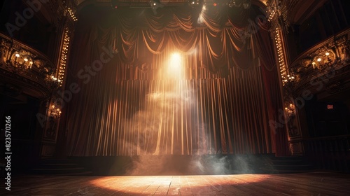 theater stage with ornate curtains and a spotlight shining on a solo performer