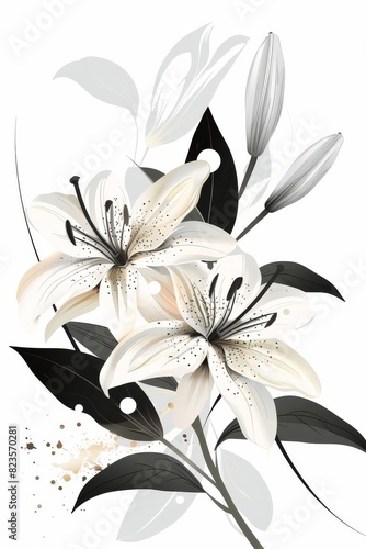 White Flower With Black Leaves on White Background