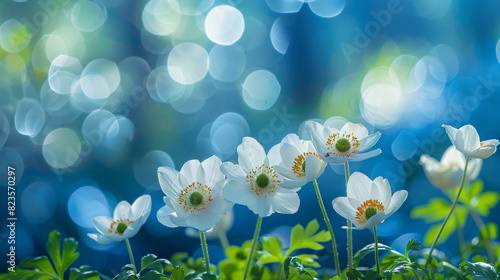 Spring forest white white flowers anemones on blue bac
