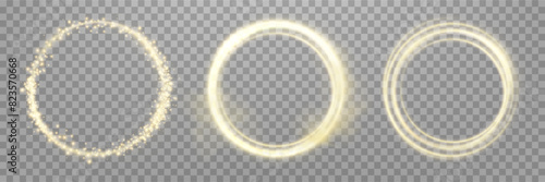 Gold magic glowing rings. Neon realistic energy flare halo ring. Abstract light effect on a transparent background. Vector illustration.