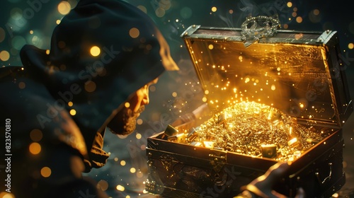 thief sneaking away with a stolen treasure chest filled with gold bars and precious jewels