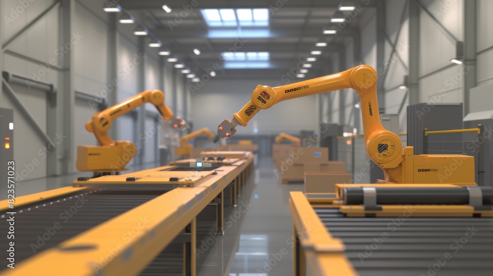 A warehouse scene with a yellow robotic arm sorting and moving packages along a conveyor belt, emphasizing efficiency in logistics. A warehouse scene with a yellow robotic arm sorting and moving packages along a conveyor belt, emphasizing efficiency in logistics.