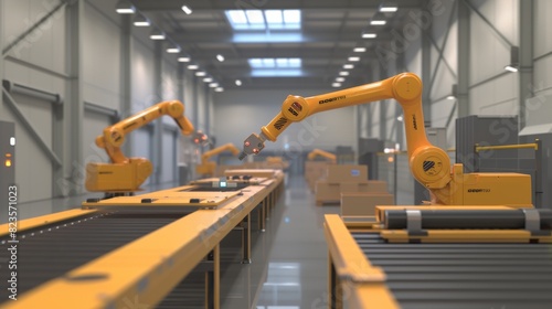 A warehouse scene with a yellow robotic arm sorting and moving packages along a conveyor belt, emphasizing efficiency in logistics. © Zhanna