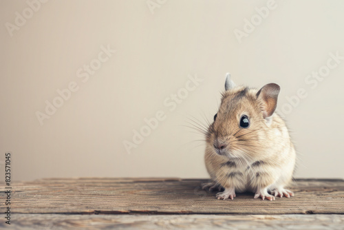 Cute Degu on Wooden Surface. A cute degu sitting on a wooden tabletop against a plain background with copy space. photo