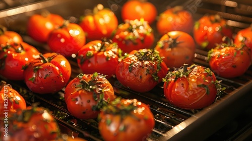 Tomatoes being roasted in the oven, with a hint of olive oil and herbs