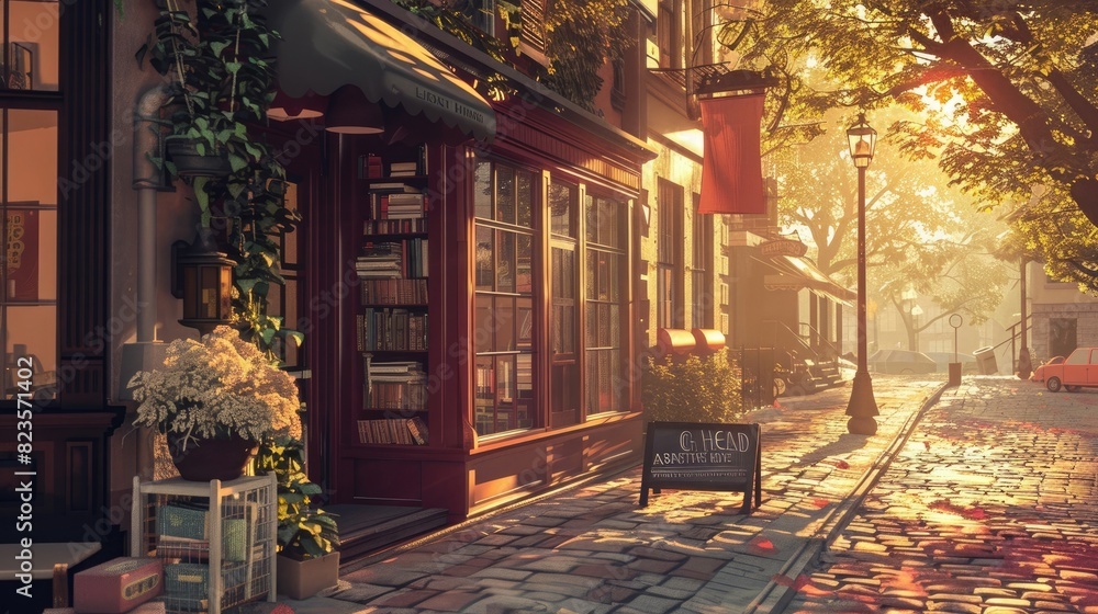 A quaint street corner with a vintage bookstore and a classic lamppost, bathed in the warm glow of the setting sun.