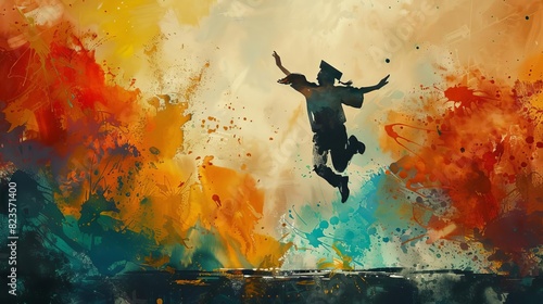 Solo graduate in midair leap, against a highcontrast, stormy sky background, highlighting the personal triumph, in dynamic watercolor splashes photo