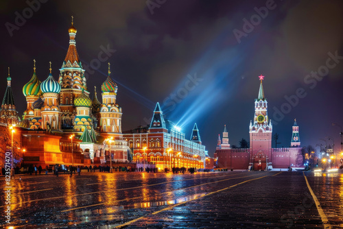 The Kremlin and Red Square illuminated at night, with vibrant lights and historical buildings
