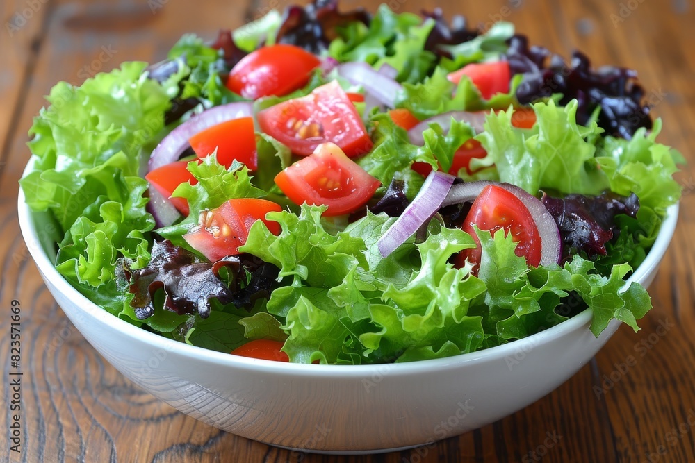 Fresh Salad in White Bowl on Wooden Table Fresh Salad in White Bowl on Wooden Table
