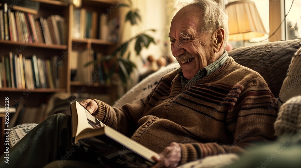 Elderly man a laugh while looking at photo album Elderly man a laugh while looking at photo album