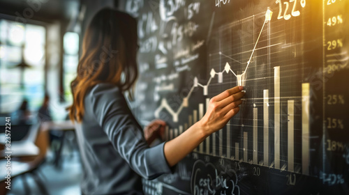 Businesswoman analyzing growth charts on interactive screen