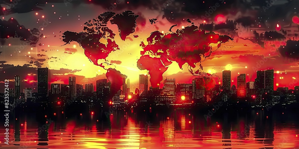 Fototapeta premium Economic Trends and Global Maps Overlay on Twilight City, perfect for online course visuals on global market dynamics.