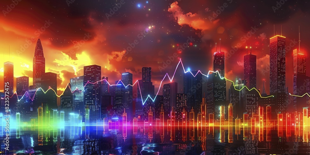 Fototapeta premium Financial Graphs and Maps on Twilight Cityscape, perfect for promotional posts in economic research.