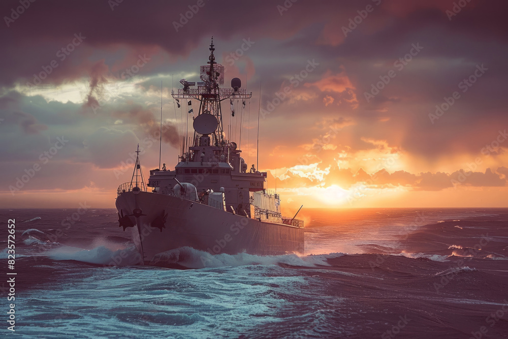 Fototapeta premium Battleship war ship sailing in sea