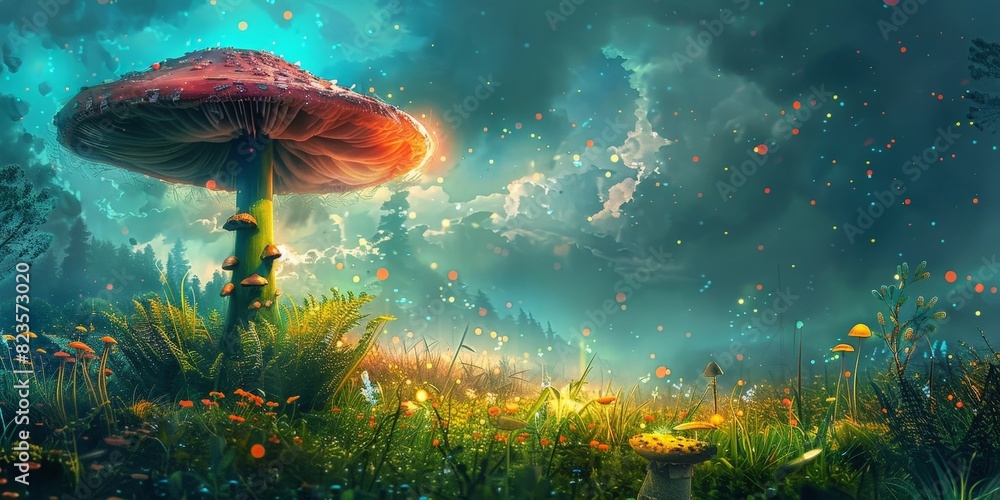 The image is a beautiful landscape with a large red mushroom in the foreground