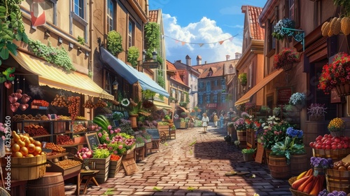 A quaint street market with vendors selling fresh produce, flowers, and goods.