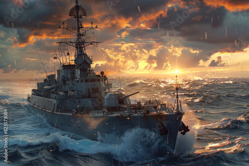 Modern battleship warship at sea photo