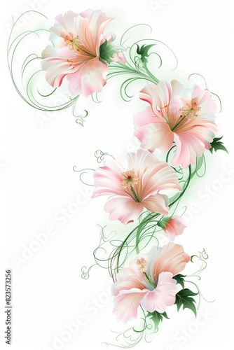Pink Flowers With Green Leaves on a White Background
