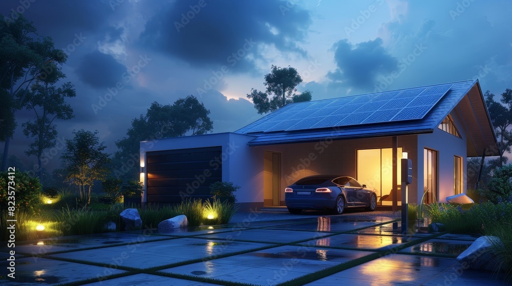 The image shows a modern house with a garage and a beautiful landscape. The house is surrounded by trees and has a large driveway. The sky is cloudy and there is a light rain. The image shows a modern house with a garage and a beautiful landscape. The house is surrounded by trees and has a large driveway. The sky is cloudy and there is a light rain.