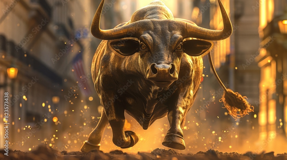 The image shows a strong and powerful bull, with a golden color, running towards the viewer