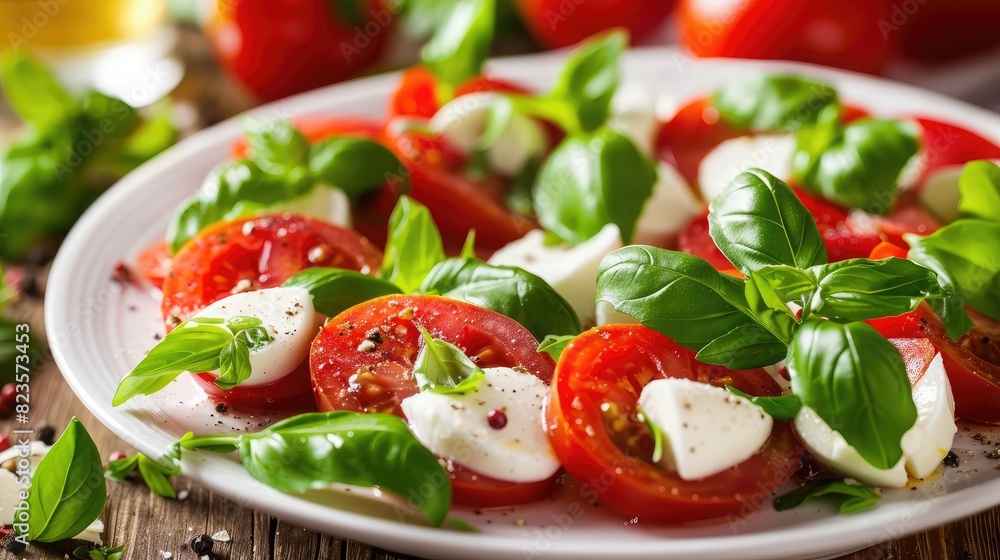 vibrant tomato salad with basil leaves and mozzarella cheese on a white plate vibrant tomato salad with basil leaves and mozzarella cheese on a white plate