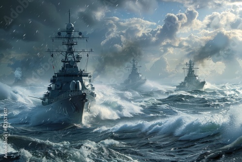 Warships, military ships at sea