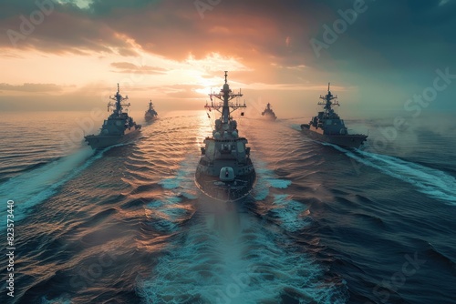 Warships, military ships at sea