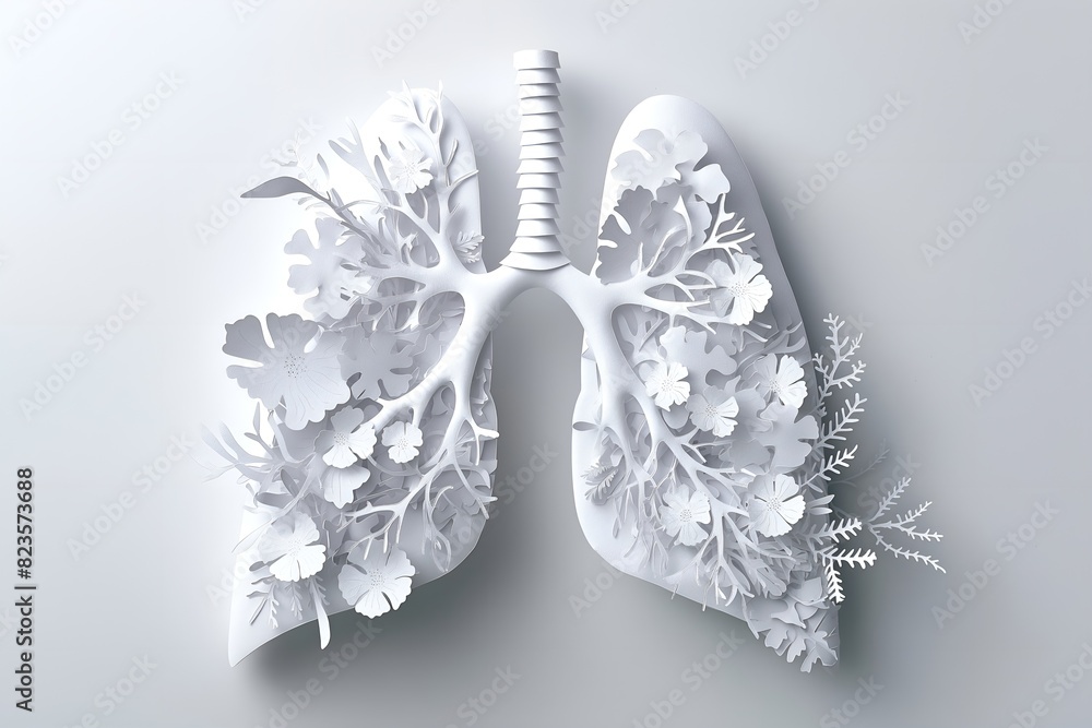 Intricate paper art of human lungs adorned with detailed floral and botanical elements, symbolizing the fusion of nature and respiratory health. Intricate paper art of human lungs adorned with detailed floral and botanical elements, symbolizing the fusion of nature and respiratory health.