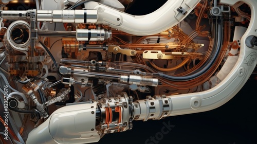 A detailed illustration of the inner workings of a robot arm, revealing the intricate network of gears, motors, and sensors that enable its precise movements. photo