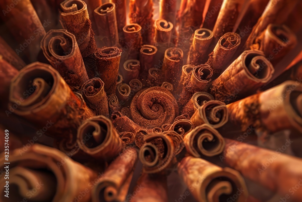 A wide-angle shot of cinnamon sticks arranged in a spiral formation, digital painting with rich, earthy tones, soft highlights, and a touch of warm glow, capturing the essence of spice markets A wide-angle shot of cinnamon sticks arranged in a spiral formation, digital painting with rich, earthy tones, soft highlights, and a touch of warm glow, capturing the essence of spice markets