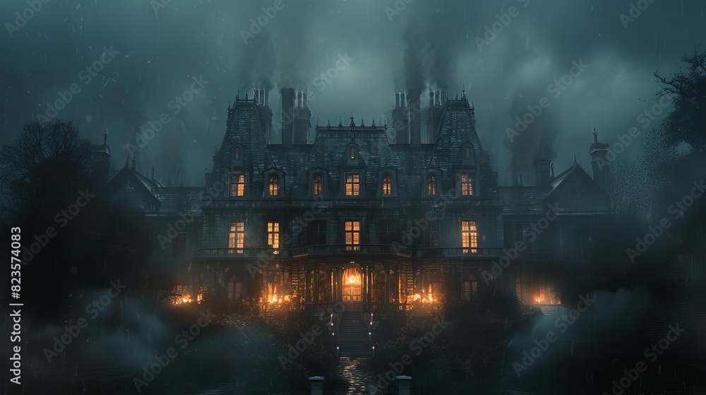 Depict an eerie Gothic mansion on a stormy night, with flickering candlelight in the windows and a dense fog surrounding it, Close up