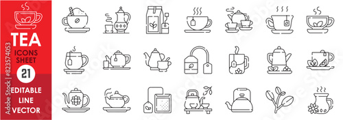 A set of line icons related to tea. Tea, coffee, tea pot, tea party, teabag and so on. Vector outline icons set.