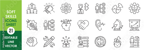 A set of line icons related to soft skills. Communicate, self development, skill development, leadership and so on. Vector outline icons set.